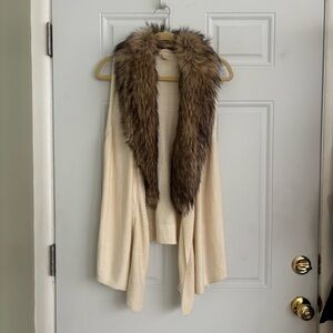Michael Kors Cream Knit Sweater Vest with Fur Collar, Size XS